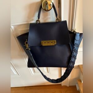 Zac Posen Dark Navy Handbag Preloved. Shoulder strap w/leather flower appliqués